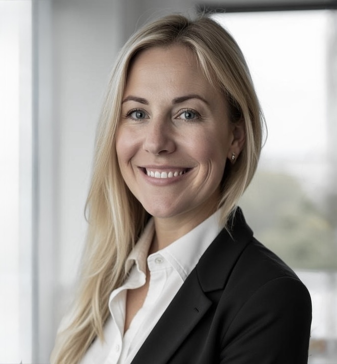 Smiling caucasian woman with long blonde hair, wearing a white collared shirt and black blazer against a window backdrop.