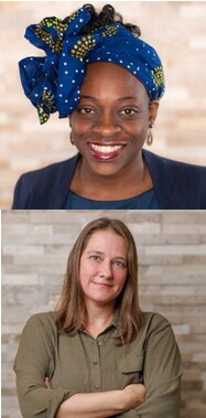 Headshots of a smiling African American woman wearing a blue patterned headwrap, matching top, navy blazer, and earrings against a softly blurred background; and a caucasian woman with shoulder-length brown hair wearing an olive green button-up shirt, standing with arms crossed against a softly blurred stone wall background.