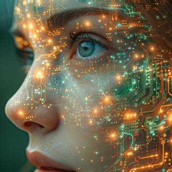 Side facial profile of a pixelated AI woman