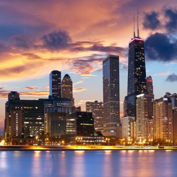 Photo of the Chicago skyline at sunset