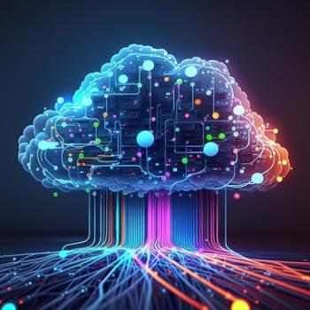 A stylized cloud computing concept showing interconnected neural networks and glowing data streams.