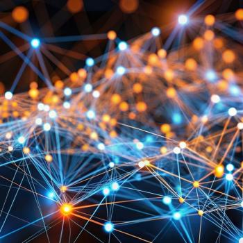 Abstract digital network of glowing blue and orange nodes connected by fine lines.