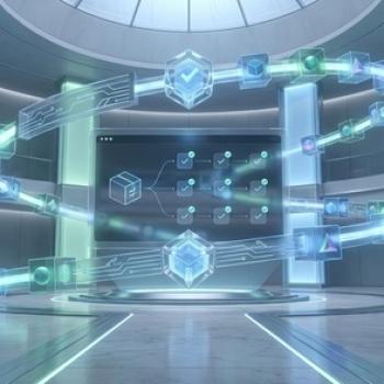 Digital provenance and data verification concept with glowing holographic spiral and validation checkmarks in a modern technology room.