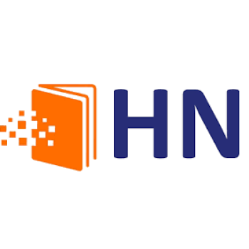Hipertexto-Netizen Logo Logo featuring an orange open book with pixelated pages and blue “HN” lettering.